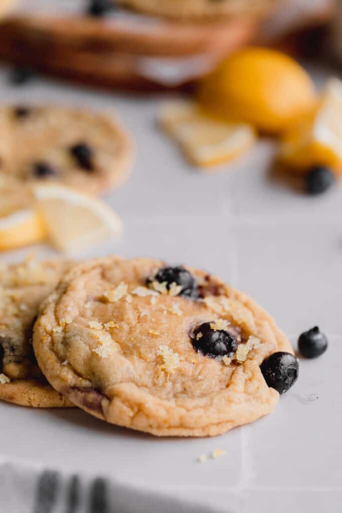Lemon Blueberry Cookies with fresh blueberries and lemon slices.