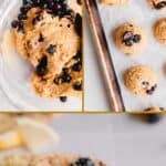 Lemon blueberry cookie dough in a bowl, scooped onto a sheet tray and baked.