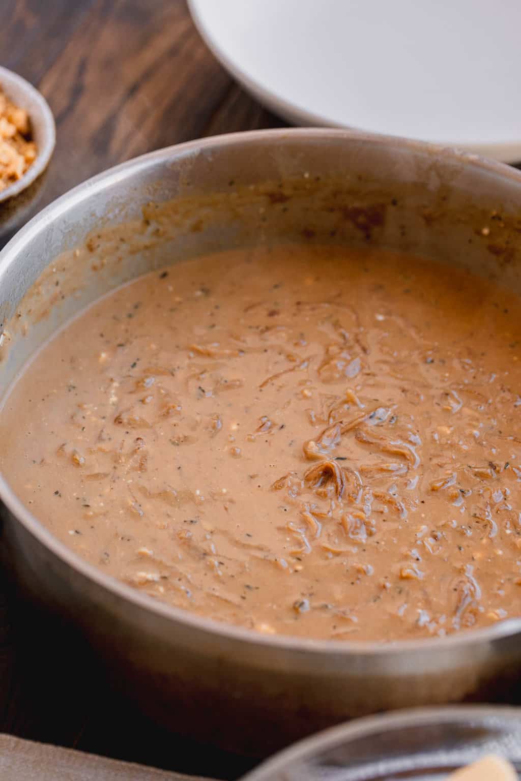 French onion pasta sauce in a pan.