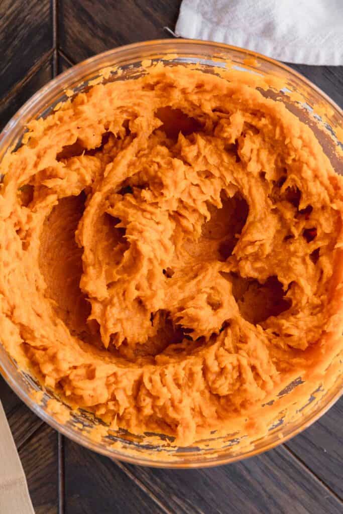 Blended sweet potatoes in a bowl.