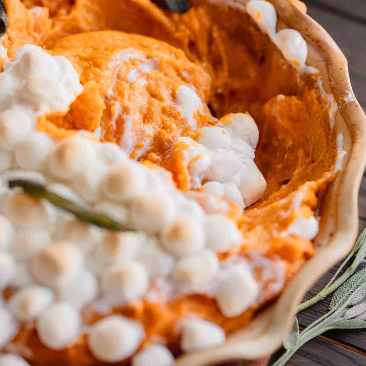 Creamy Sweet Potato Pudding with brown butter, sage and toasted marshmallow.