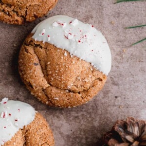 Molasses Cookies dipped in white chocolate with crushed candy cane on top.