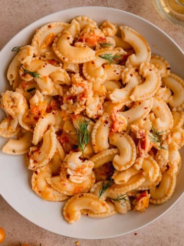 Creamy Lobster Pasta recipe in a large bowl.