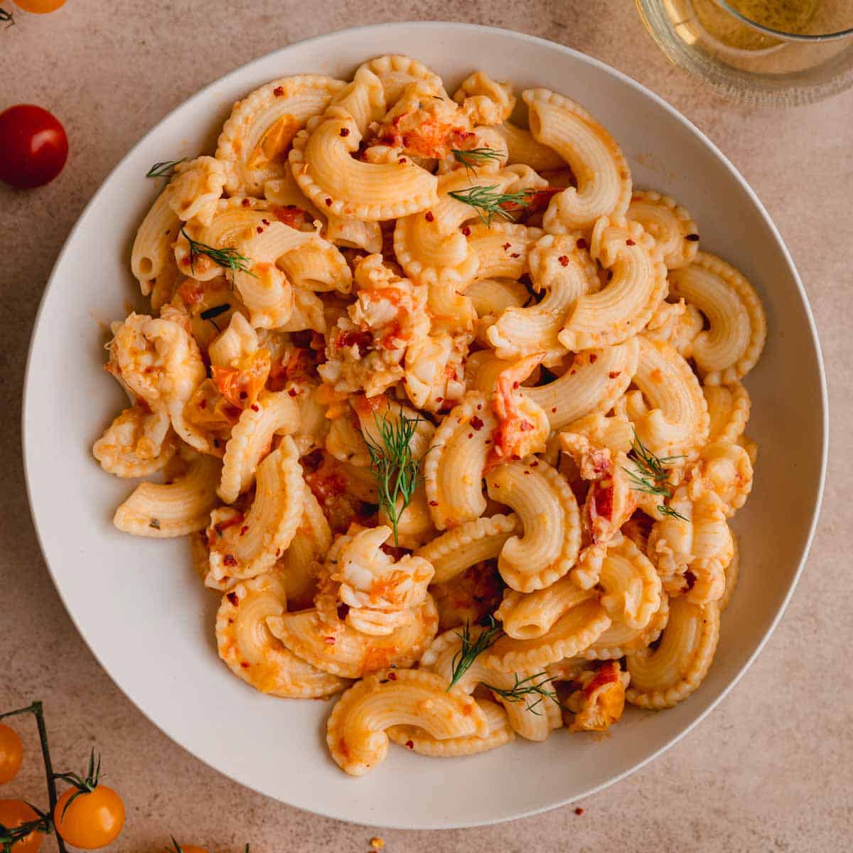 Creamy Lobster Pasta recipe in a large bowl.