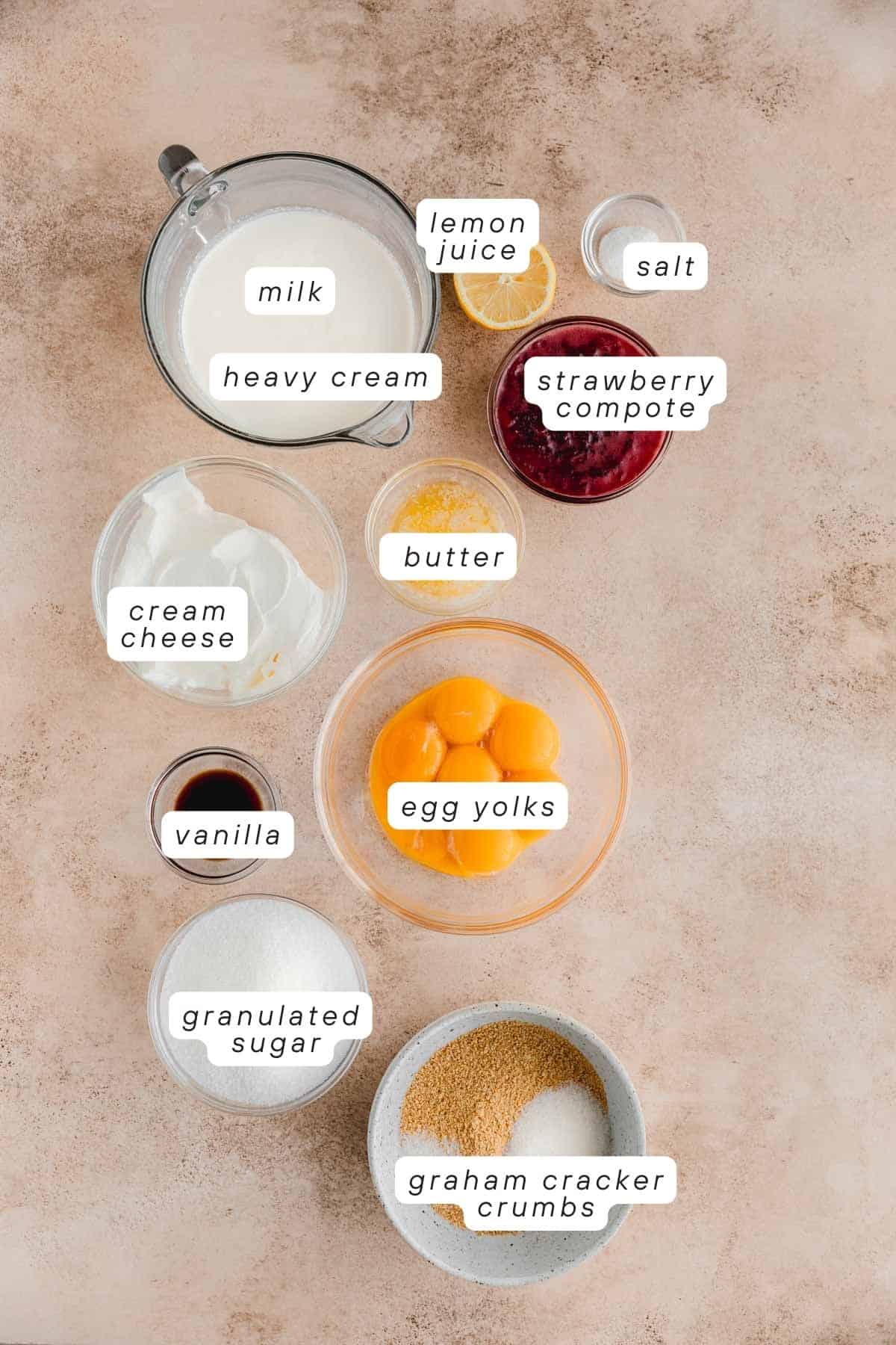 Milk, heavy cream, lemon juice, salt, egg yolks, butter, cream cheese, vanilla, sugar, graham cracker and strawberry compote. 