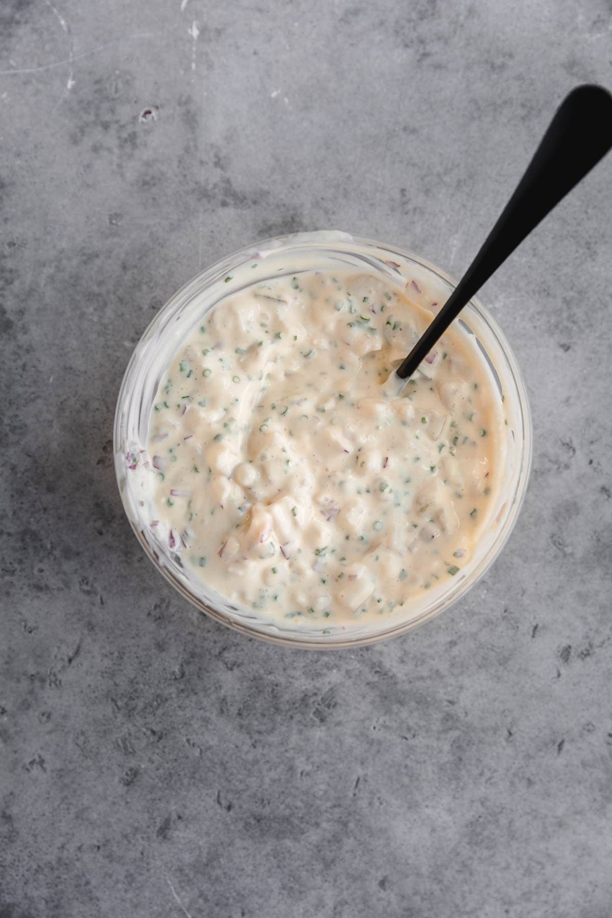 Truffle mayo mixed in a small bowl. 