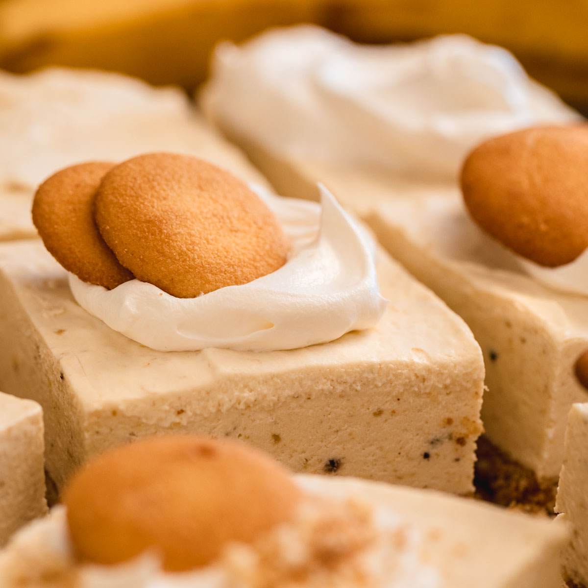 Banana Pudding Cheesecake Squares topped with whipped cream and Nilla Wafers.