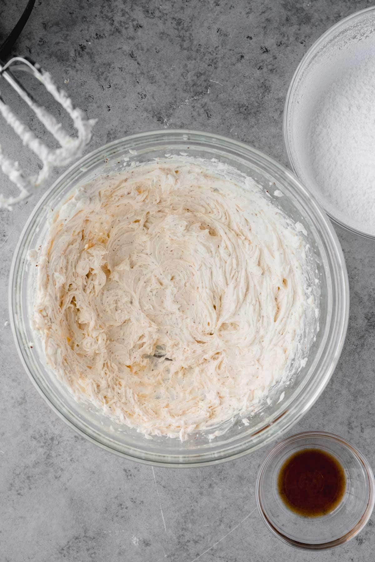 Cream cheese blended with brown butter in a bowl.