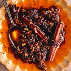 Garlic Chili Oil on a plate with a spoon.