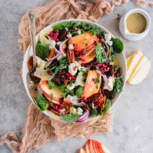 Kale Apple Salad with goat cheese, pomegranate seeds, red onions and vinaigrette.