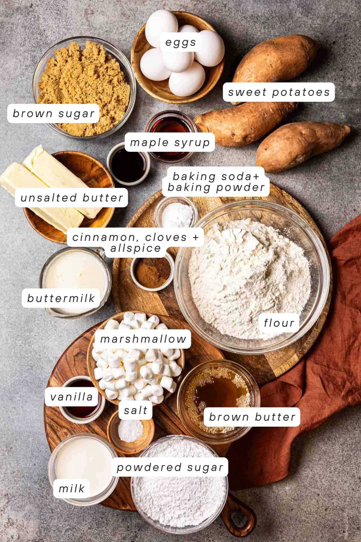 Sweet potatoes, eggs, flour, cinnamon, cloves, allspice, salt, brown butter, marshmallow, milk, vanilla, buttermilk, butter, baking powder and baking soda. 