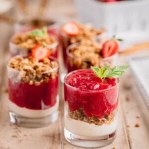 Strawberry Rhubarb Crumble dessert in cups.