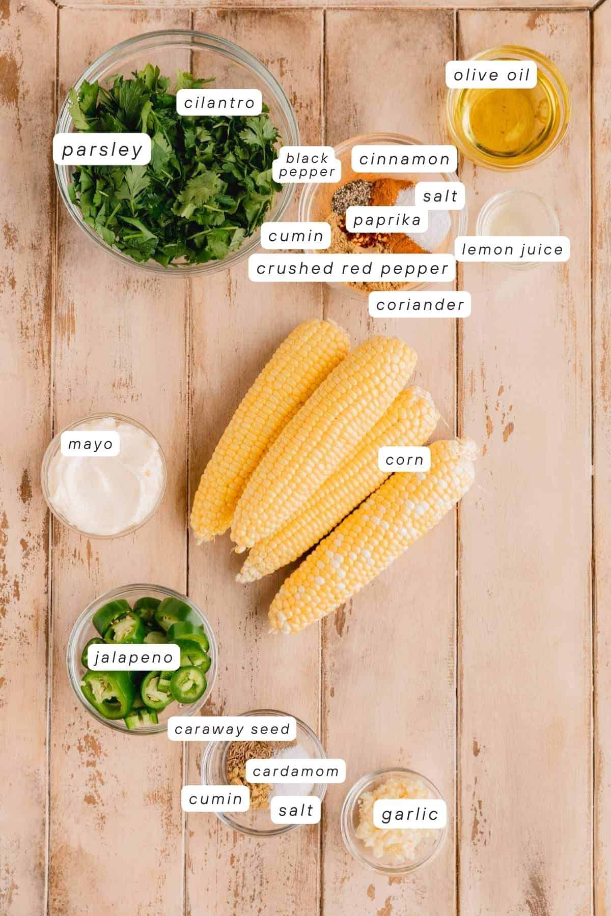 Parsley, cilantro, black pepper, salt, cumin, coriander, cinnamon, crushed red pepper, lemon juice, corn, garlic, cardamom, caraway seed, jalapeno and mayo.