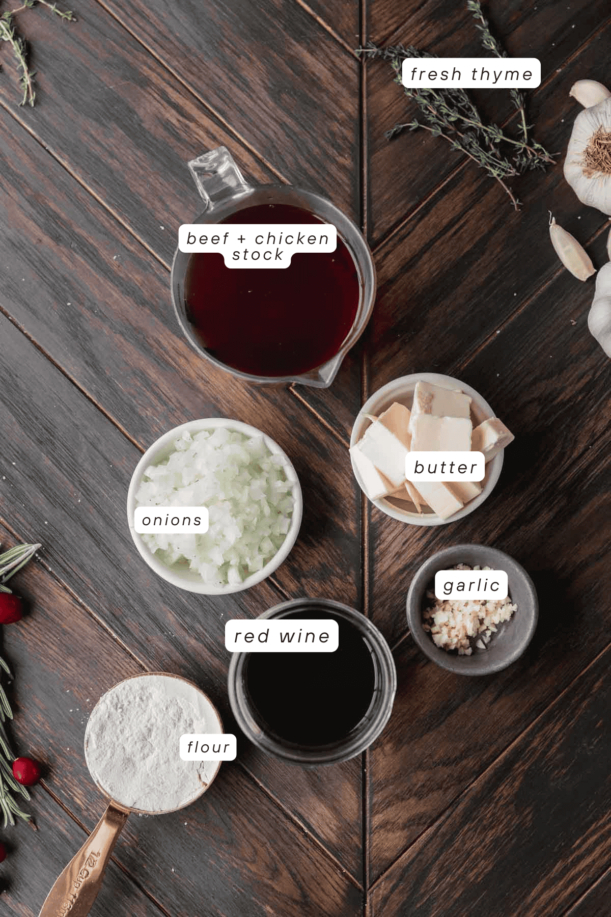 Beef stock, chicken stock, onions, butter, red wine flour, garlic and fresh thyme. 