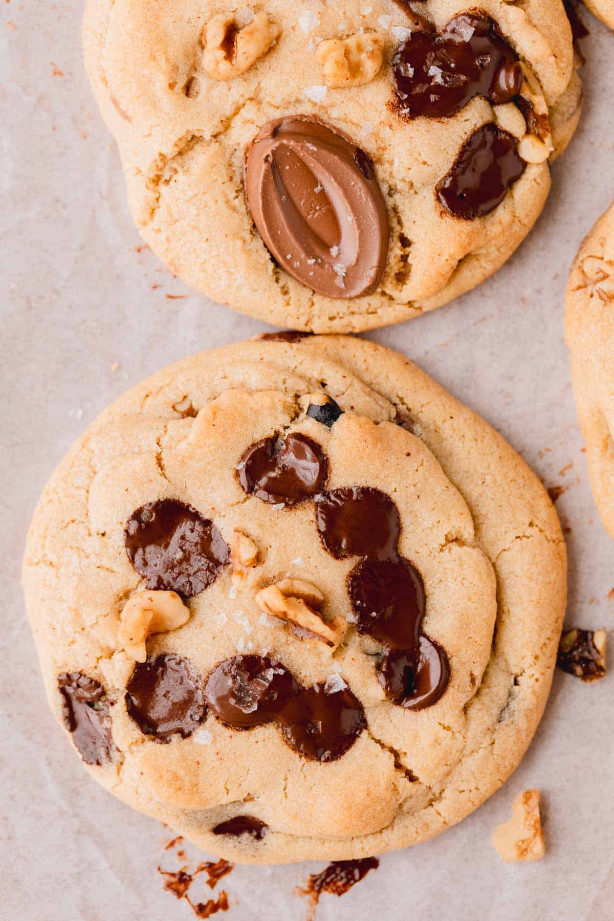 Chocolate Chip Walnut Cookies topped with flaky sea salt. 
