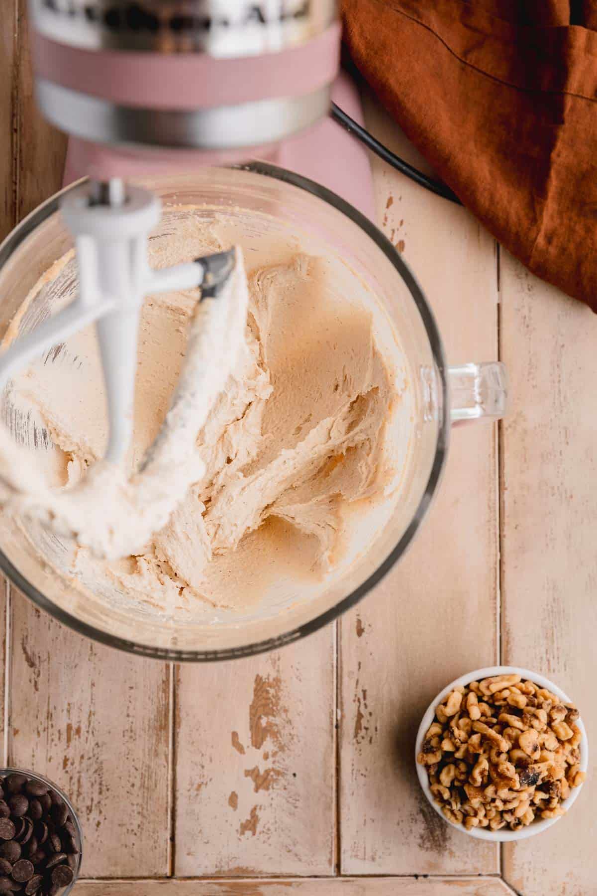 Butter and sugars creamed together until light and fluffy in the bowl of a stand mixer with the paddle attachment. 