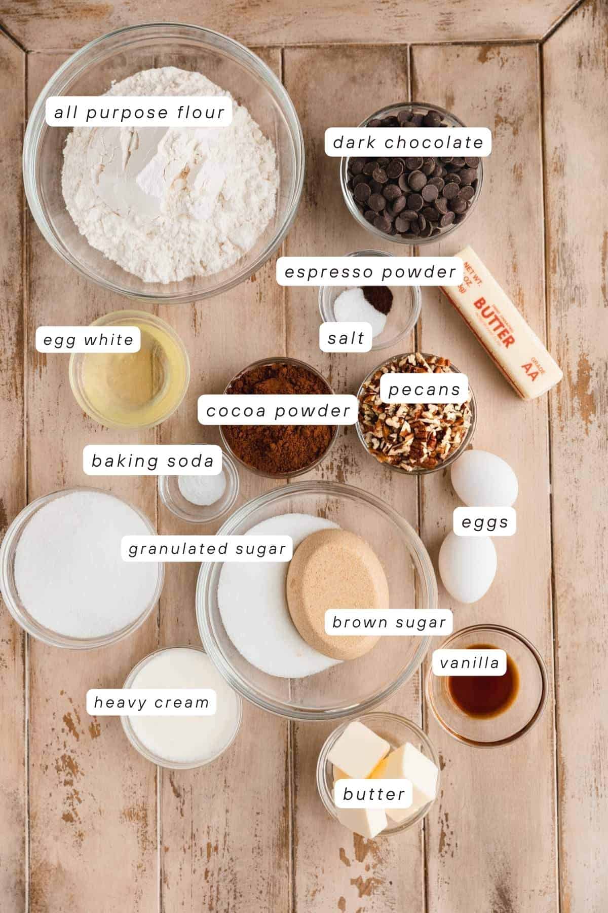 All purpose flour, dark chocolate, butter, pecans, salt, espresso powder, eggs, vanilla, brown sugar, granulated sugar, heavy cream, cocoa powder, baking soda and egg whites.