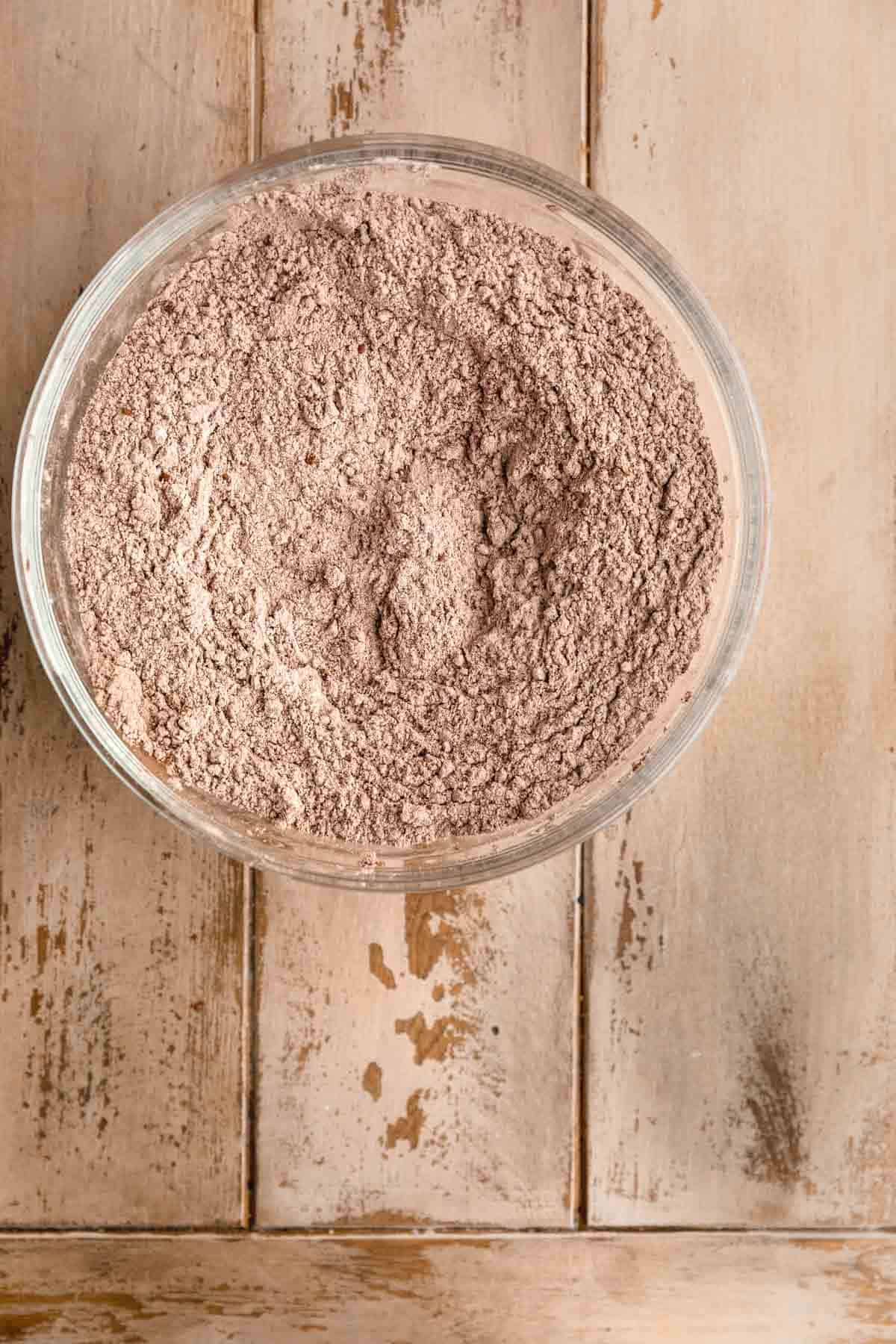 Dry ingredients whisked together in a bowl.