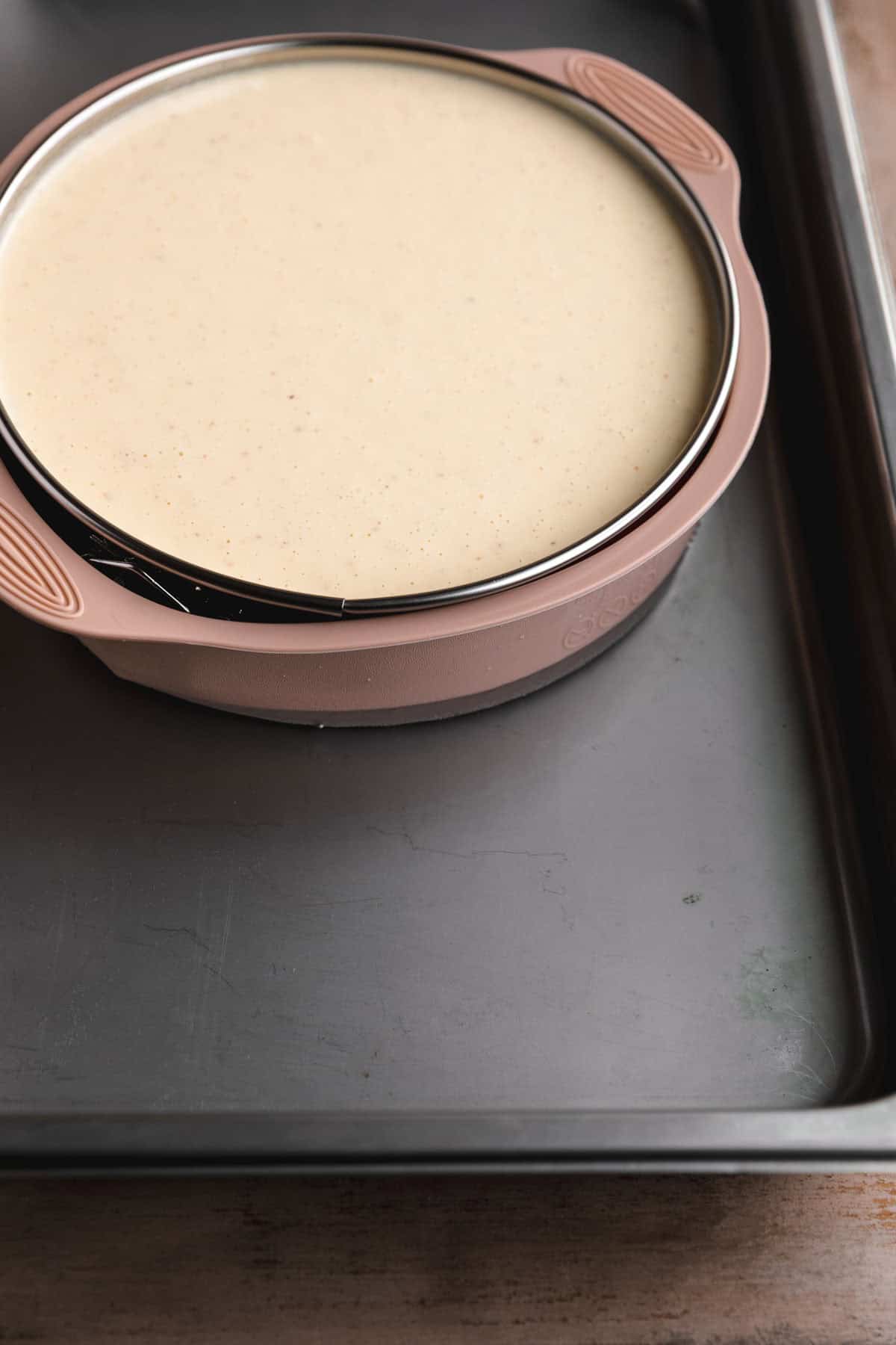 Springform pan inside a water bath. 