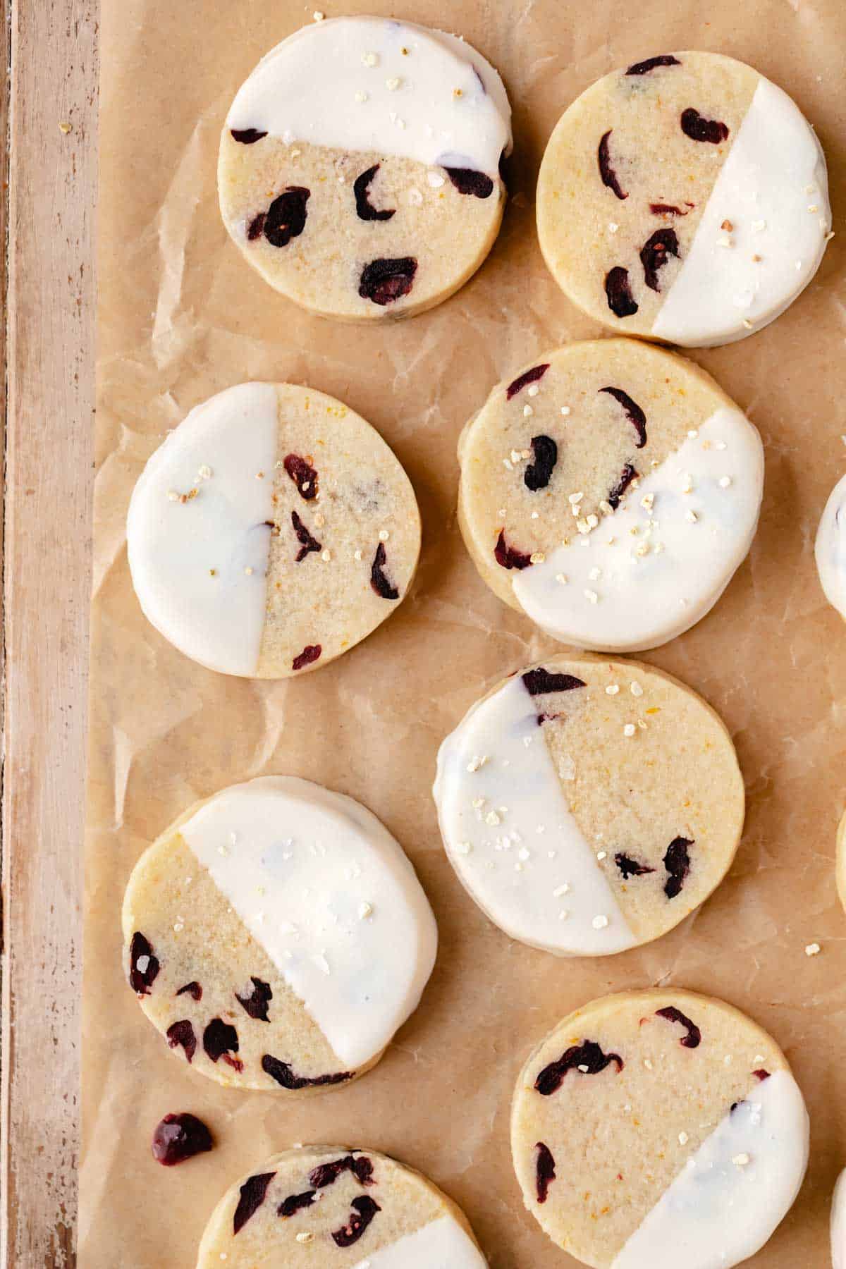 Cranberry shortbread cookies dipped in white chocolate.