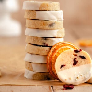 A stack of Cranberry Orange Shortbread Cookies.