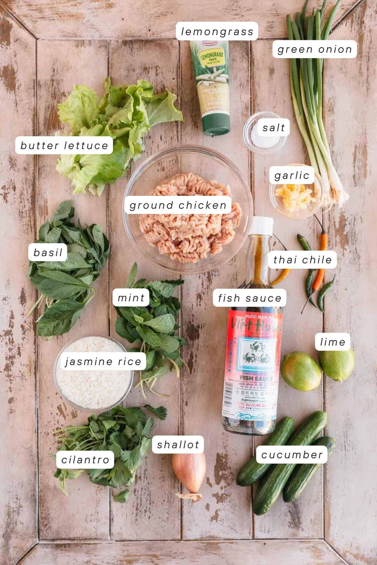 Lemongrass paste, green onions, salt, garlic, ginger, lime, cucumber, fish sauce, shallot, cilantro, mint, basil, jasmine rice, butter lettuce. 