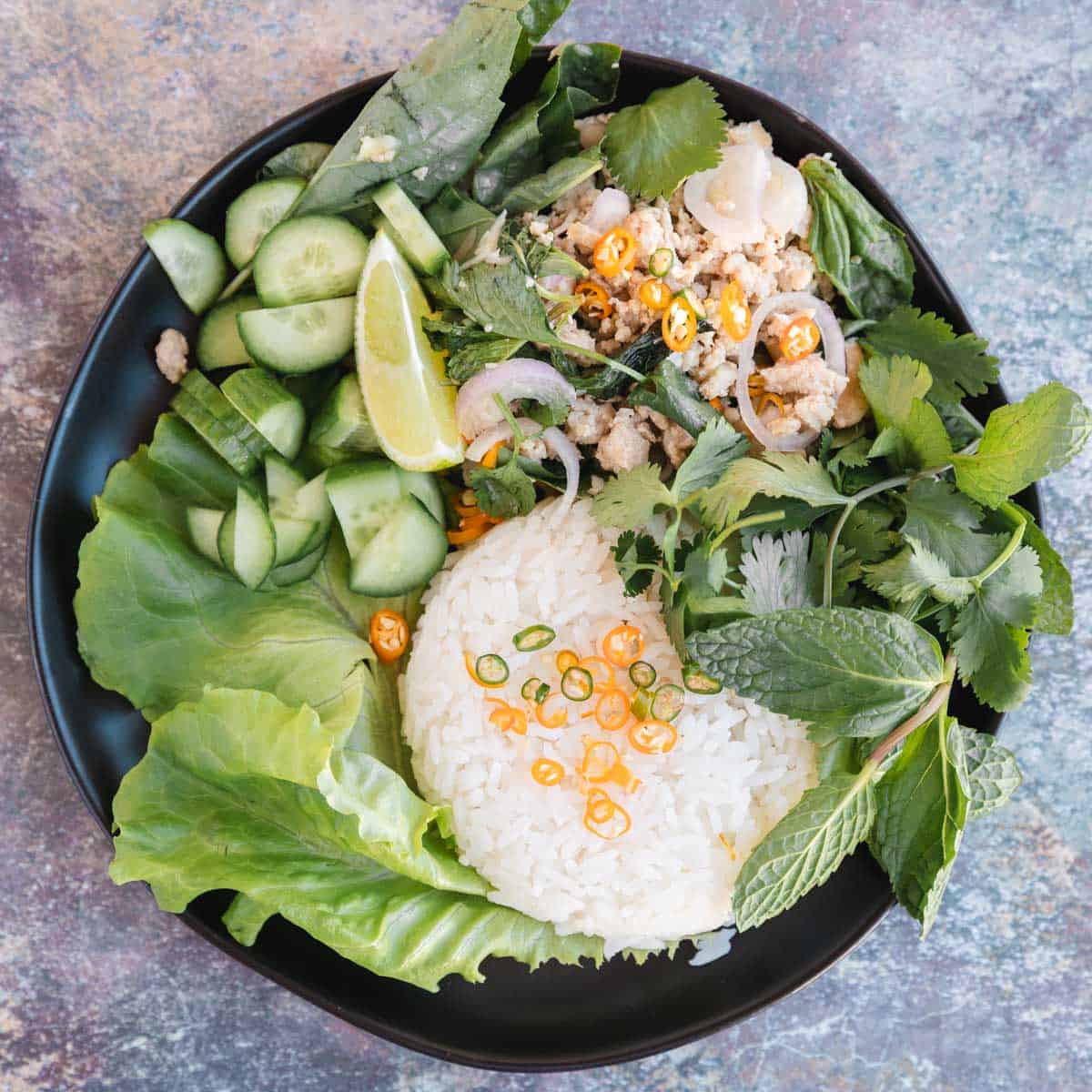Chicken Larb with jasmine rice, Thai chiles, mint, cilantro, basil, cucumber and lime.