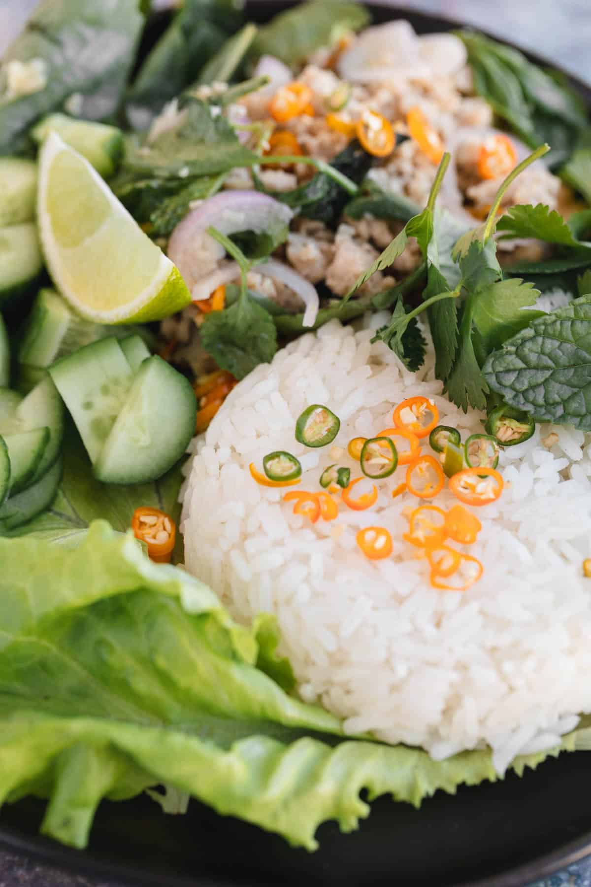 Jasmine rice with Thai chiles and chicken larb.