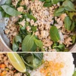Chicken Larb being finished in a pan with herbs. Another photo with the chicken larb meat salad being served alongside jasmine rice with Thai chiles.
