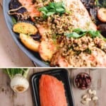 Mediterranean Citrus Roasted Salmon with Olive Relish on a serving platter with potatoes.