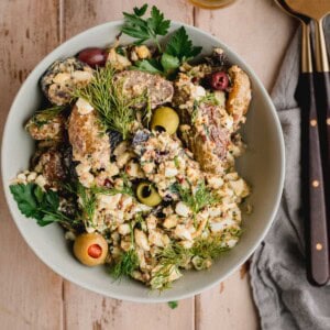 Mediterranean Fingerling Potato Salad with Olive Tapenade in a bowl.