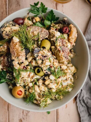Mediterranean Fingerling Potato Salad with Olive Tapenade in a bowl.