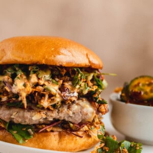 Pork Dumpling Burger on a brioche bun with chili crisp slaw and sweet kewpie mayo.