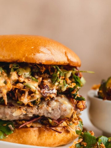 Pork Dumpling Burger on a brioche bun with chili crisp slaw and sweet kewpie mayo.