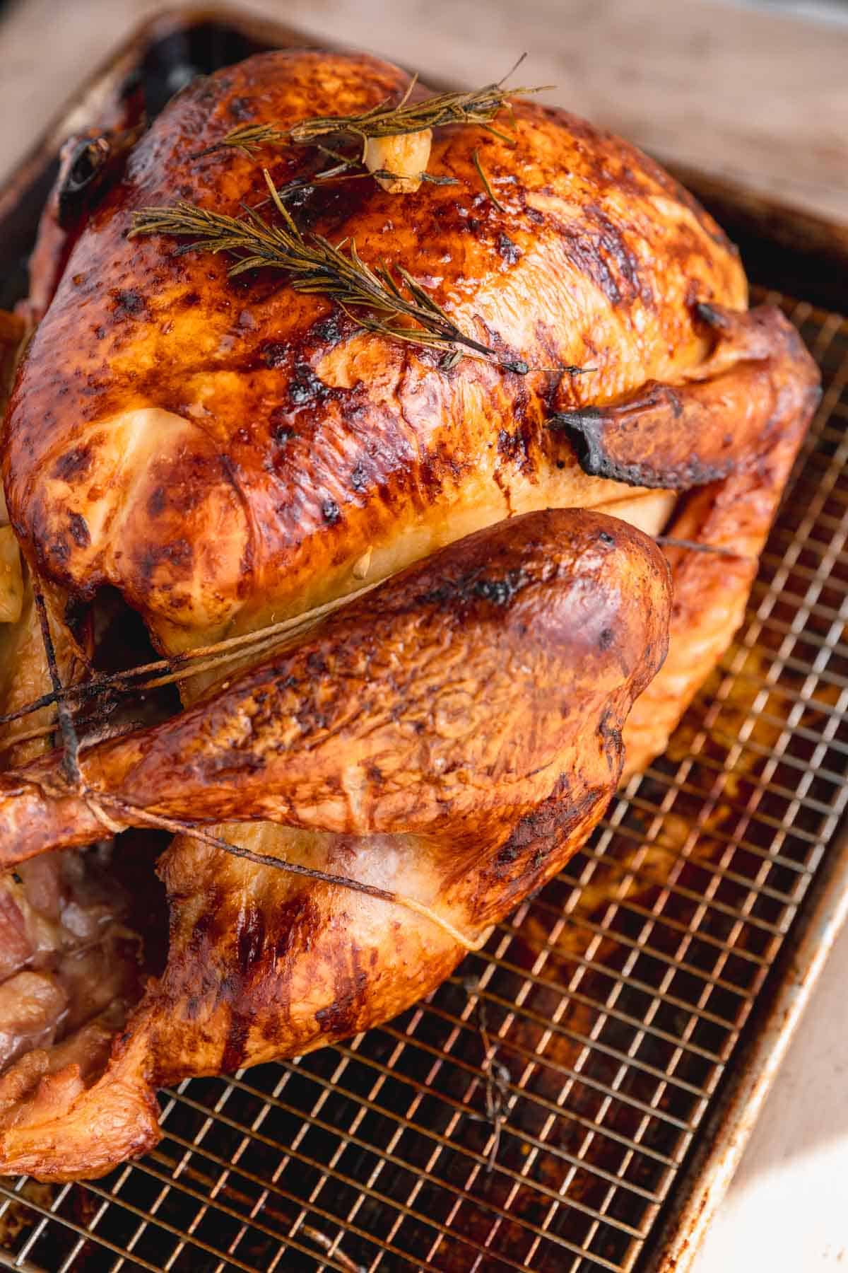 Dry Brine turkey fully cooked on a sheet pan with a wire rack.