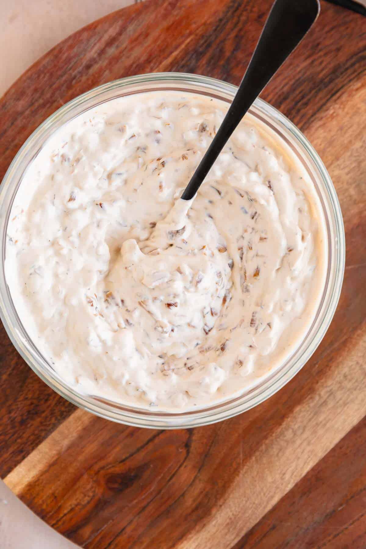 All dip ingredients mixed together in a bowl.